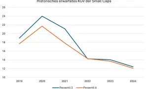 Linienchart zeigt historisches erwartetes KGV der Small Caps (MSCI World Small Cap) von 2019-2024.