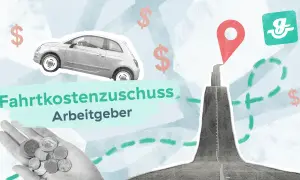 Fahrtkostenzuschuss vom Arbeitgeber: Ein Auto, Münzen in der Hand und eine rote Zielmarkierung symbolisieren steuerfreie Erstattung für Pendler.