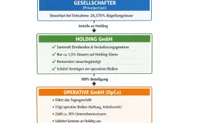 Struktur einer Holding: Gesellschafter (Privatperson) hält Anteile an Holding GmbH, die 100% an Operative GmbH (OpCo) hält. Optimale besteuerung kg.