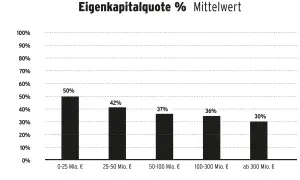 Balkendiagramm zeigt die Eigenkapitalquote in % als Mittelwert für verschiedene Unternehmensgrößen. Die höchste ek quote (50%) haben Unternehmen mit 0-25 Mio. €.