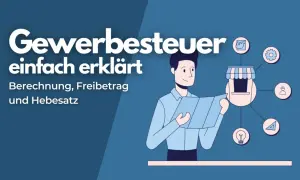 Mann liest über Gewerbesteuer: Berechnung, Freibetrag und Hebesatz. Wer zahlt Gewerbesteuer? Das Bild erklärt es einfach.