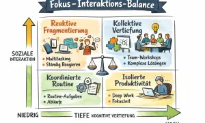 Diagramm zeigt vier Quadranten für zeitmanagement methoden: reaktiv, kollektiv, koordiniert & isoliert.