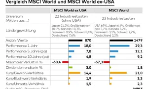 Vergleich MSCI World und MSCI World ex-USA: Daten zu Aktienmärkten, Ländergewichtung und Performance. Der MSCI World ex USA zeigt geringere Verluste.