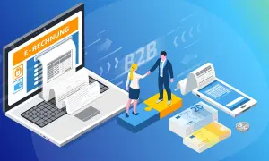 Geschäftsleute schütteln sich die Hände über einem Puzzle, das digitale Buchhaltung und E-Rechnungen symbolisiert. Geld und ein Smartphone mit Rechnung sind ebenfalls zu sehen.