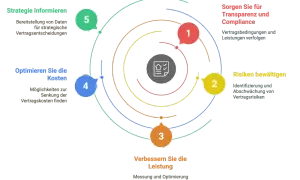 Kreisförmige Grafik mit 5 Schritten, die den Prozess des Controllings bei Verträgen veranschaulicht: Transparenz, Risikomanagement, Leistung, Kostenoptimierung und Strategieinformation.