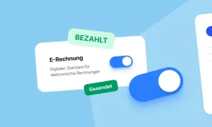 Digitale Rechnungen und Schalter symbolisieren papierloses Arbeiten. "Bezahlt" und "Gesendet" zeigen den Status.