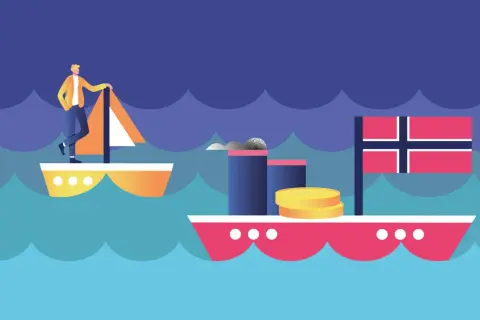 Mann auf Segelboot, daneben ein Schiff mit norwegischer Flagge und Münzen. Symbolisiert den norwegischen Staatsfonds ETF.
