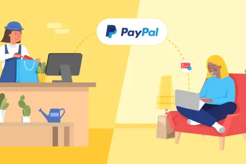 Geschäftsinhaber packt Ware in Einkaufstasche, während Kunde online mit PayPal bezahlt. Informiert über PayPal Business Account Gebühren.