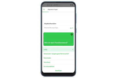 Screenshot einer Taxfix-App, die nach dem Familienstand fragt. Die Option "Ledig" ist ausgewählt.