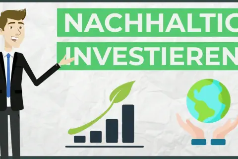 Ein Mann im Anzug zeigt auf grüne Schilder mit der Aufschrift "NACHHALTIG INVESTIEREN". Daneben sind ein Wachstumsdiagramm mit Blatt und die Erde in Händen zu sehen.
