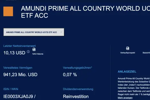 Amundi Prime All Country World UCITS ETF ACC: Nettoinventarwert 10,13 USD, verwaltetes Vermögen 941,23 Mio. USD, Verwaltungsgebühren 0,07%.