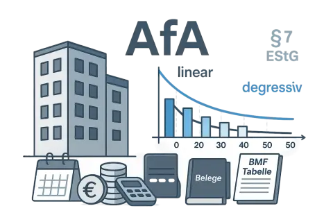 AfA-Berechnung: Gebäude, Kalender, Geld, Belege und BMF-Tabelle. Der Graph zeigt die lineare Abschreibung.