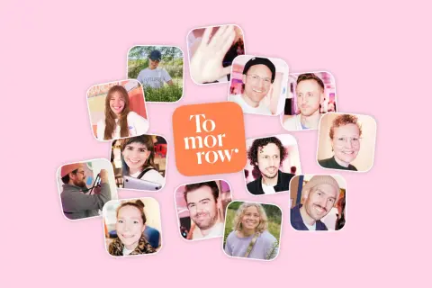 Gesichter von Menschen, die für die tomorrow bank arbeiten, lächeln in kleinen, abgerundeten Fotos.