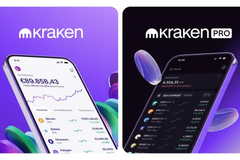 Zwei Smartphones zeigen die Kraken-App. Eine positive Kraken-Erfahrung mit hohen Gewinnen wird durch die Anzeige des Portfoliowerts und der Kryptowährungskurse visualisiert.