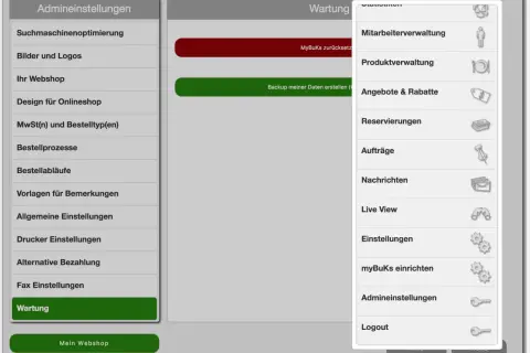 Admin-Menü mit Optionen wie "Wartung" und "myBuKs einrichten". Hier können Sie gdpdu daten sichern und verwalten.