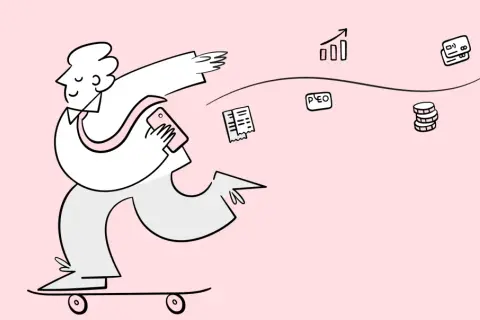 Mann auf Skateboard mit Handy, umgeben von Symbolen für Finanzen und Transaktionen, wie Belege, Münzen, Diagramme und eine firmenkreditkarte nicht personenbezogen.