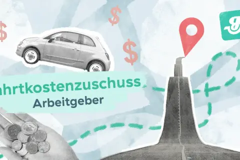 Fahrtkostenzuschuss vom Arbeitgeber: Ein Auto, Münzen in der Hand und eine rote Zielmarkierung symbolisieren steuerfreie Erstattung für Pendler.