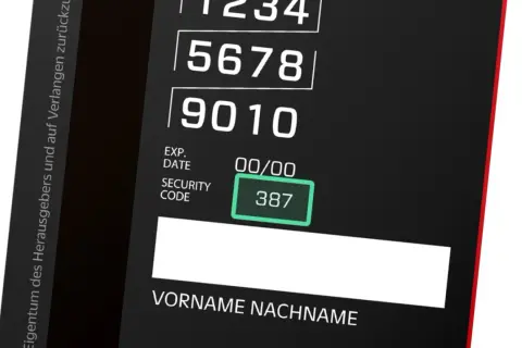 Kreditkartennummer 1234 5678 9010, Sicherheitscode 387, Ablaufdatum 00/00 und Feld für Vorname Nachname.