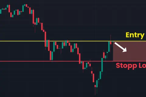 Kerzenchart zeigt einen Abwärtstrend mit einer "Entry"-Linie bei 16793.05 und einer "Stopp Loss"-Linie bei 16774.72.