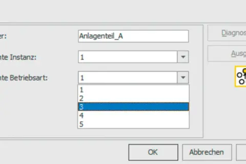 Fenster "MSO" zeigt die Auswahl der "Überwachten Betriebsart" mit der Option "3" als aktuell gewählt.