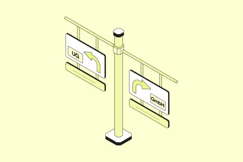 Wegweiser mit Schildern für UG und GmbH. Eine Abzweigung, die den Weg zur UG nach links und zur GmbH nach rechts weist.
