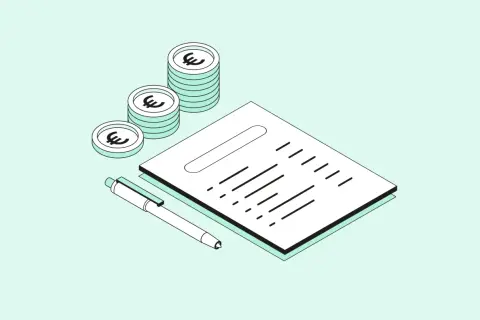 Stapel Euro-Münzen neben einem Dokument und Stift, bereit für den Handelsregister Eintrag.