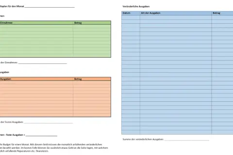 Kostenlose Tabelle Einnahmen-Ausgaben Vorlage für Ihren Monatsbudgetplan. Erfasst Einnahmen, feste und veränderliche Ausgaben.