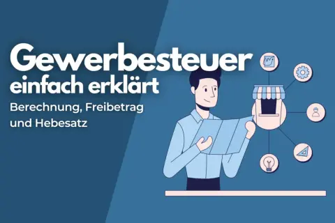 Mann liest über Gewerbesteuer: Berechnung, Freibetrag und Hebesatz. Wer zahlt Gewerbesteuer? Das Bild erklärt es einfach.
