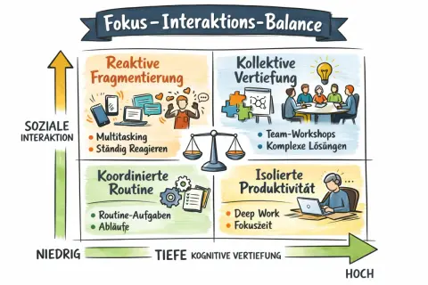 Diagramm zeigt vier Quadranten für zeitmanagement methoden: reaktiv, kollektiv, koordiniert & isoliert.
