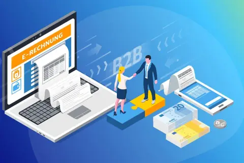 Geschäftsleute schütteln sich die Hände über einem Puzzle, das digitale Buchhaltung und E-Rechnungen symbolisiert. Geld und ein Smartphone mit Rechnung sind ebenfalls zu sehen.
