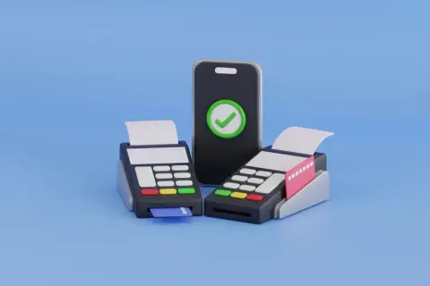 Zwei Kartenlesegeräte und ein Smartphone mit Häkchen-Symbol stehen für bargeldlose Zahlung.
