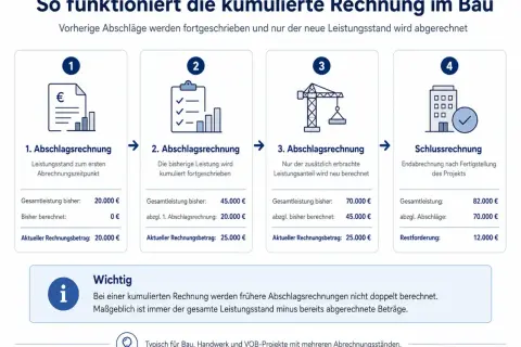 Schema erklärt kumulierte Rechnung im Bau: 4 Schritte von Abschlagsrechnungen bis zur Schlussrechnung, wobei frühere Beträge angerechnet werden.