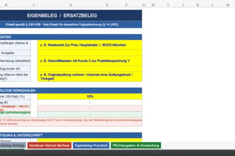 Excel-Tabelle mit einer Eigenbeleg Vorlage. Erfassung von Belegdaten, steuerlichen Kennzahlen und Bestätigung.