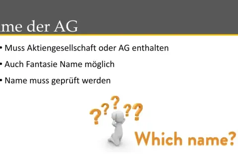 Namensfindung für eine Aktiengesellschaft: Muss "AG" enthalten, Fantasienamen möglich, aber Prüfung nötig.