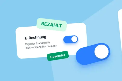 Digitale Rechnungen und Schalter symbolisieren papierloses Arbeiten. "Bezahlt" und "Gesendet" zeigen den Status.