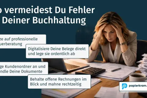 Frau mit Händen an den Schläfen, umgeben von Papierstapeln. Tipps zur Buchhaltung für eine GmbH, z.B. Steuerberatung und Belegdigitalisierung.