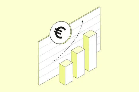 Aufsteigende Balken und ein Euro-Symbol auf einem Diagramm zeigen, wie man mit Aktien Geld verdienen kann.