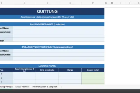 Vorlage für eine Quittung. Hier siehst du, wie man eine Quittung schreibt, mit Feldern für Empfänger, Zahler und Leistungen.