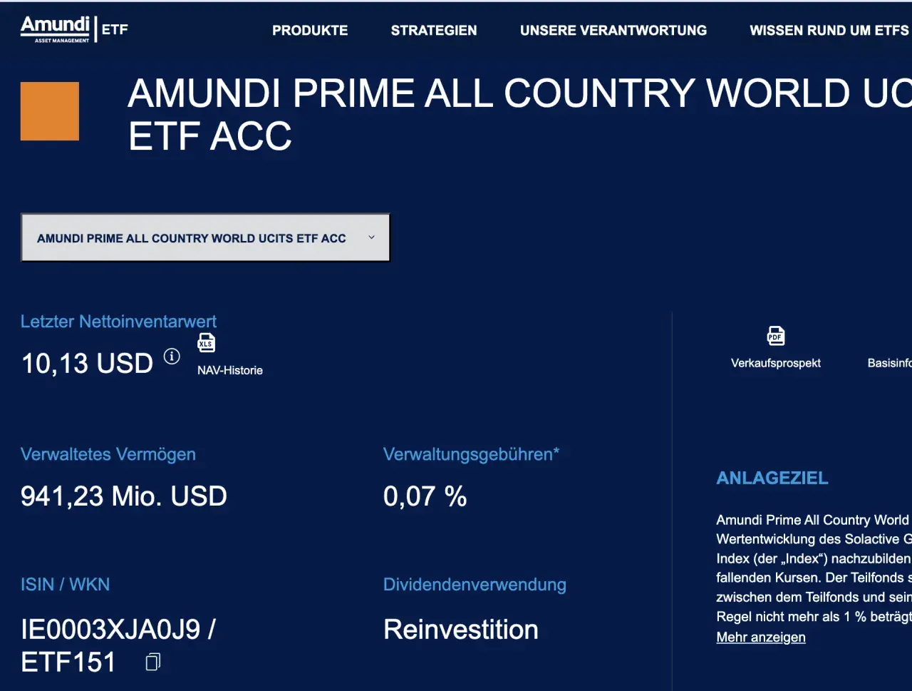 Amundi Prime All Country World UCITS ETF ACC: Nettoinventarwert 10,13 USD, verwaltetes Vermögen 941,23 Mio. USD, Verwaltungsgebühren 0,07%.
