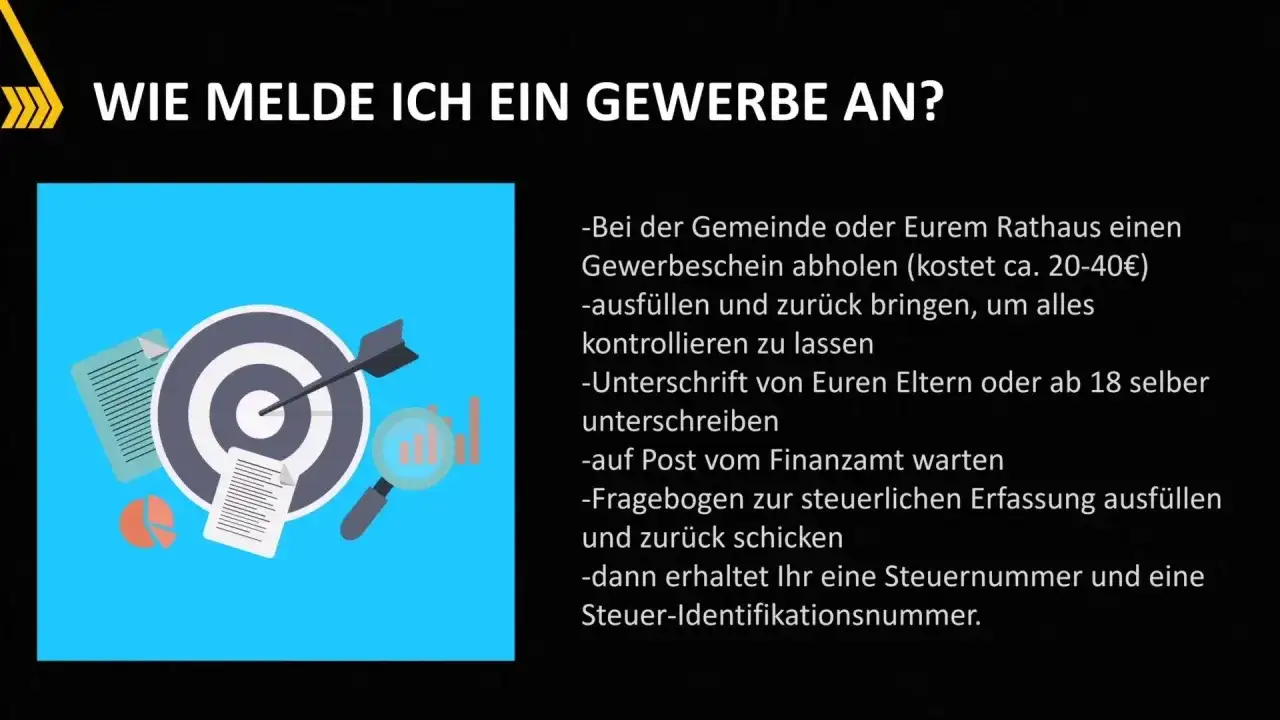 Grafik zeigt, wie man ein Gewerbe anmeldet: Zielscheibe, Dokumente, Lupe. Schritt-für-Schritt-Anleitung zur Gewerbeanmeldung.