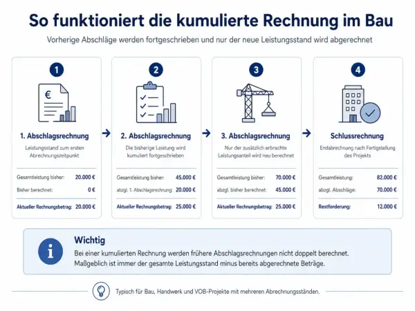 Schema erklärt kumulierte Rechnung im Bau: 4 Schritte von Abschlagsrechnungen bis zur Schlussrechnung, wobei frühere Beträge angerechnet werden.