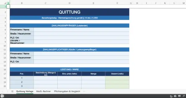 Vorlage für eine Quittung. Hier siehst du, wie man eine Quittung schreibt, mit Feldern für Empfänger, Zahler und Leistungen.