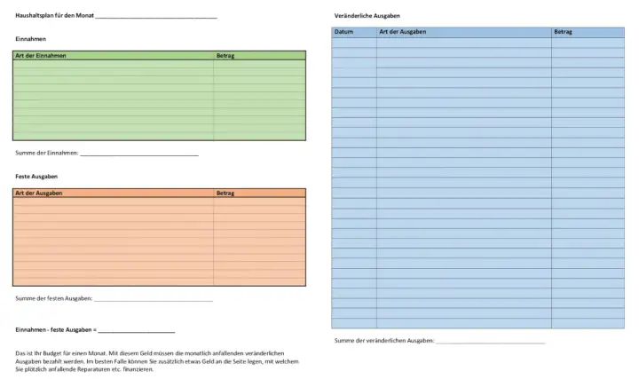 Kostenlose Tabelle Einnahmen-Ausgaben Vorlage für Ihren Monatsbudgetplan. Erfasst Einnahmen, feste und veränderliche Ausgaben.